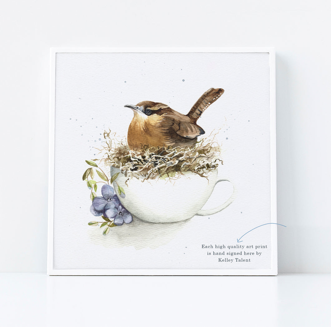 Carolina Wren in Tea Cup with Purple Flowers Fine Art Print