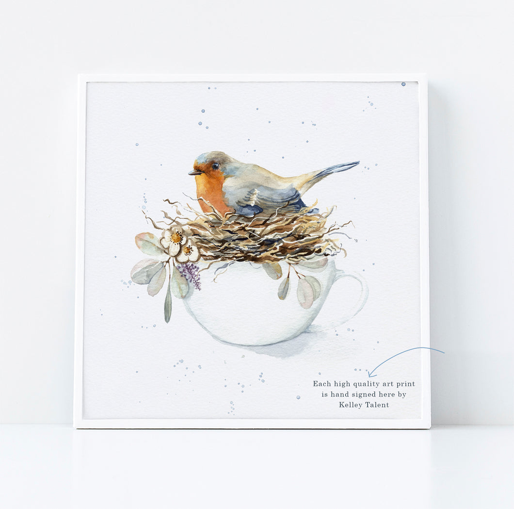 Robin in Tea Cup Watercolor Fine Art Print